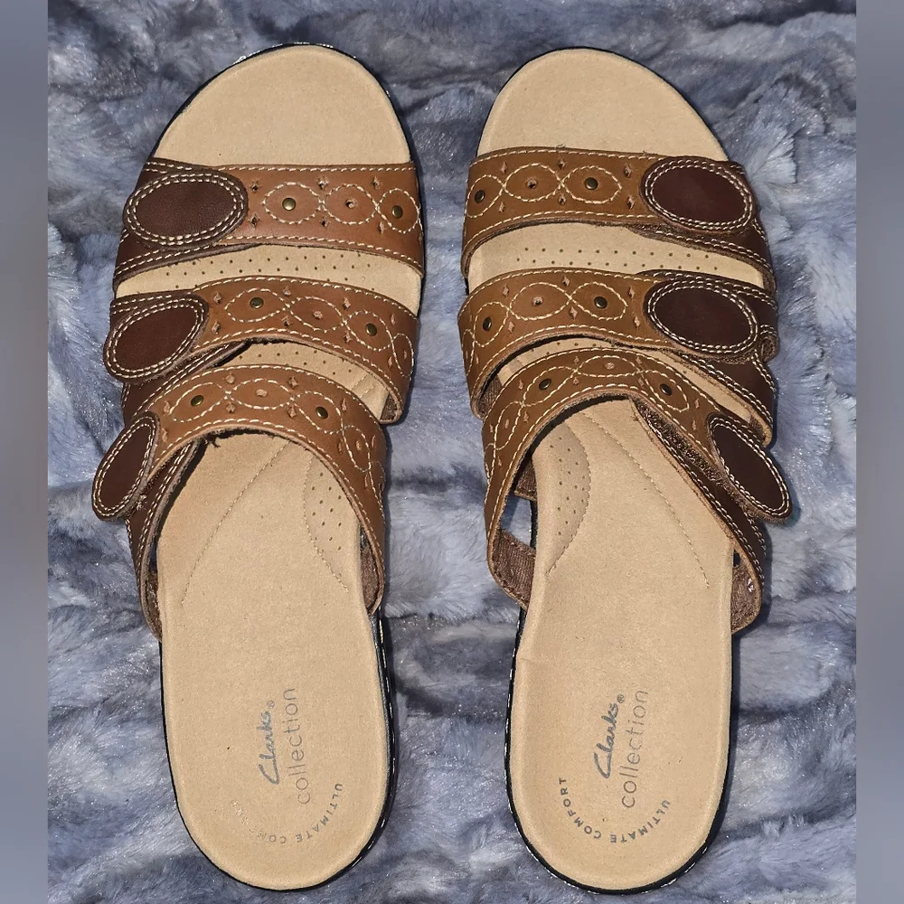 NWOB Clarks Leisa Cacti Q Triple Strap Slide Sandals Brown Multi Size‎ 8.5